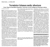 Vermieter können mehr absetzen | Steuer-Tipps für Immobilien Eigentümer | Weser-Kurier vom 14. März 2009